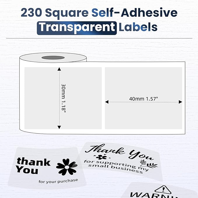M100 Clear Thermal Label 1.57'' x 1.18'' (40 x 30 mm), Multi-Purpose Adhesive Transparent Thermal Labels Compatible with Label Maker M110/ M220/ M221/ M120/ M260/M150/M250, 230 Labels/Roll-DeskLoop Office
