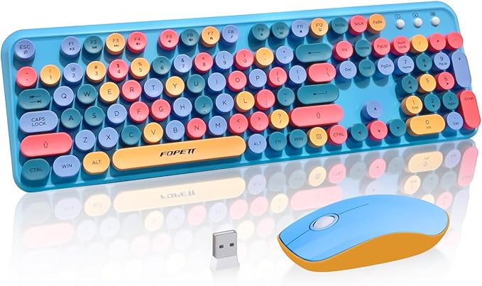 Keyboard and Mouse Wireless,Cute Retro Wireless Keyboard Mouse Combo with Round Key,2.4Ghz Dropout-Free Connection,Typewriter Wireless Keyboard Mouse Set for PC Laptop Desktop Computer-Blue Colorful-DeskLoop Office