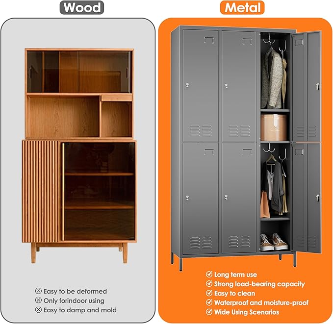 6 Doors Metal Lockers for Employees with 18 Hooks and Business Card Holder, Metal Locker with Ventilation Holes for School Garage Office Gym Home,Assembly Required,Dark Grey-DeskLoop Office