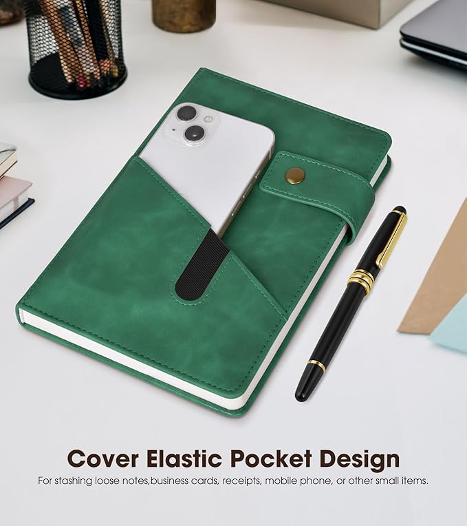 Green A5 Lined Leather Journal Notebook for Men Women,5.9" X 8.4" Personalized Hardcover Journal with Pen,200 Pages 100 Gsm Thick Ruled Paper Daily Diary for School,Travel,Work,Writing-DeskLoop Office