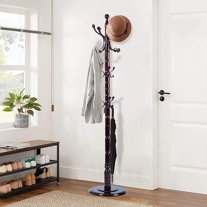 Wooden Coat Rack Freestanding, Vintage Coat Racks with Sturdy Round Base, Adjustable Height 37.40"-72.83" Entrance Coat Rack for Bedroom Living Room Entryway (Rosewood Ruyi Hook)-DeskLoop Office