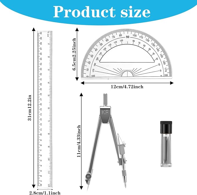Protractor and Compass Set Plastic 12in Ruler Measuring Tool - Image 7