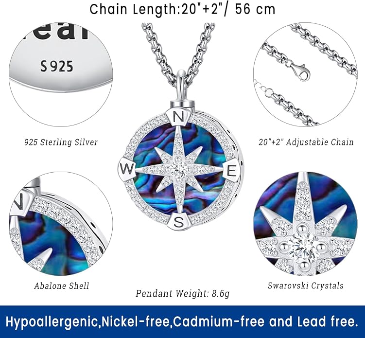 Compass Necklace for Women Men 925 Sterling Silver Pendant Urn Necklaces for - Image 4