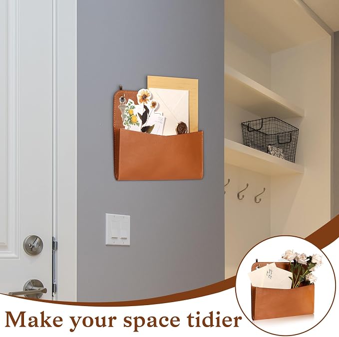 Wall Mount Brown PU Leather Letter Holder 9.8" x 7.7" x 1.4" Mail Holder - Image 6