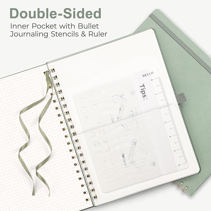 RETTACY Bullet Dotted Journal Notebook, 110 Pages, A4 Large Size (8.5" × 11"), Leather Hardcover, 100 GSM Thick Paper, Spiral-bound, for Bullet Journaling, Planning, Tracking (Light Green)-DeskLoop Office