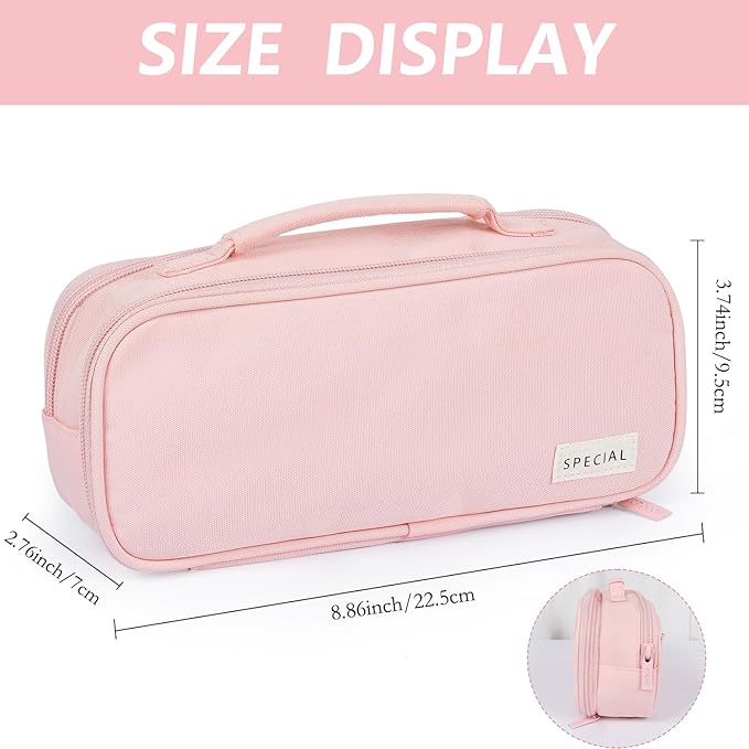 MAMUNU Pencil Case Large Capacity with 3 Compartments, Pencil Case Pouch Bag with Zipper Handle Portable Pen Stationery Organizer for Teen Girls Adults College School Office Travel, Pink-DeskLoop Office
