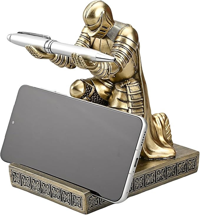 Windbreaker Soldier Knight Pen Holder Personalized Desk Accessory, Mobile Phone & Gaming Controller Holder, Device Stand Gift for Medieval Enthusiasts (Bronze)-DeskLoop Office