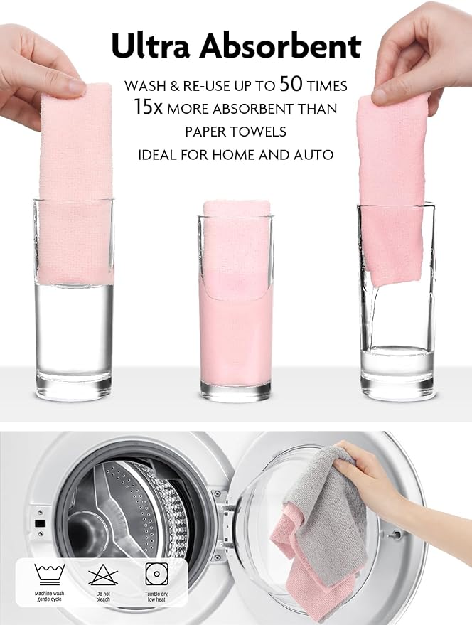 Fantasticlean Microfiber Cleaning Cloth Roll -60 Pack, Tear Away Microfiber Towels, 12" x 12", Reusable, Washable, Scratch Free, Ultra Absorbent Dish Rags for Car, Home, Garage or Shop (Pink & Grey)-DeskLoop Office