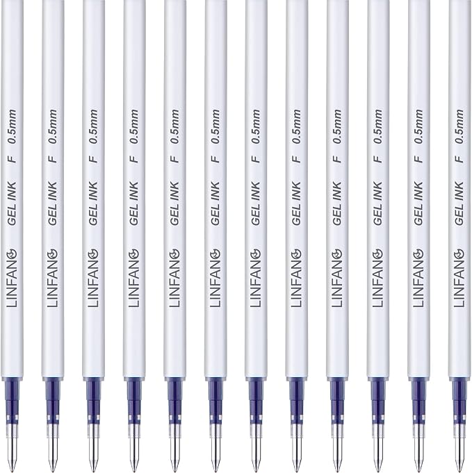 Blue Gel Pens Refills, 12 Pack Retractable Ink Pens, Fine Point 0.5mm Tip by LINFANC