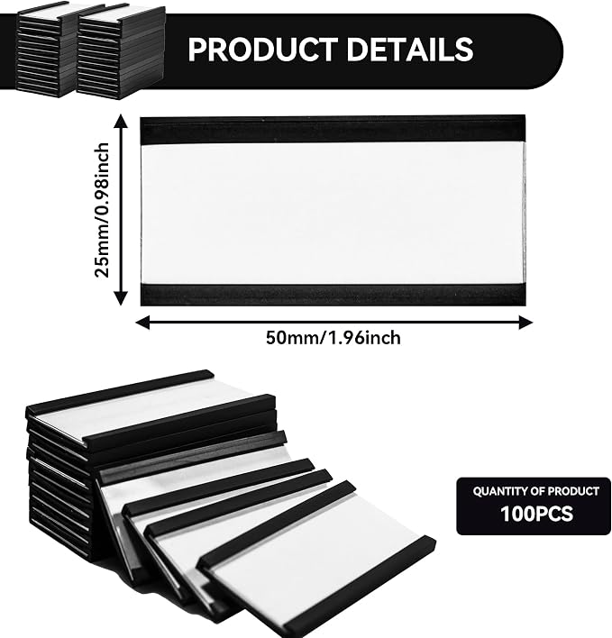 100 Pack Magentic Label Holders 1x2 Inch, C Channel Magnetic Data Card Holders - Image 2