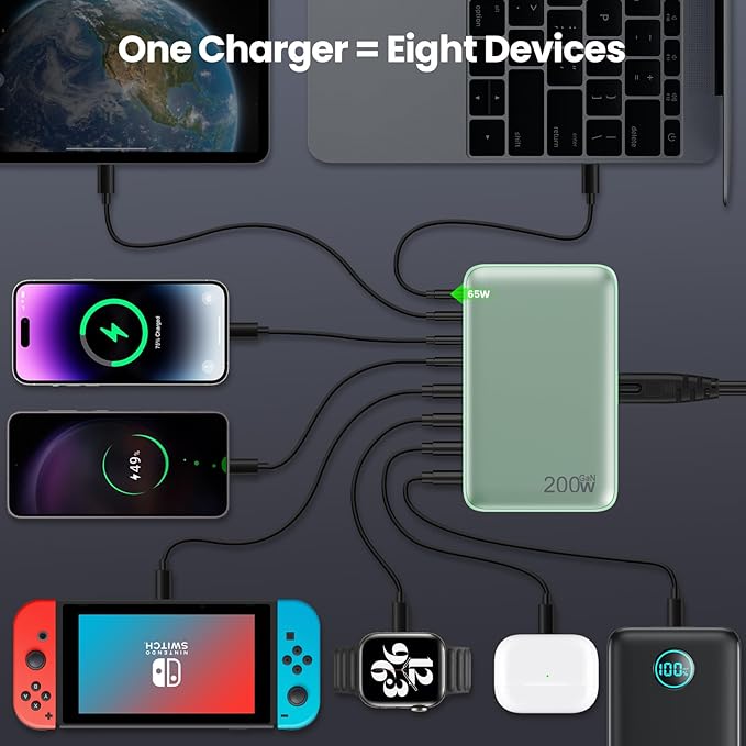 USB C Charger 200W USB C Charger Block GaN III 8-Port Fast Charging Station PD 65W Laptop Charger Adapter Compatible with MacBook Pro/Air,DELL,HP Surface,iPhone 15/14/13,Galaxy S23/22 (G)-DeskLoop Office