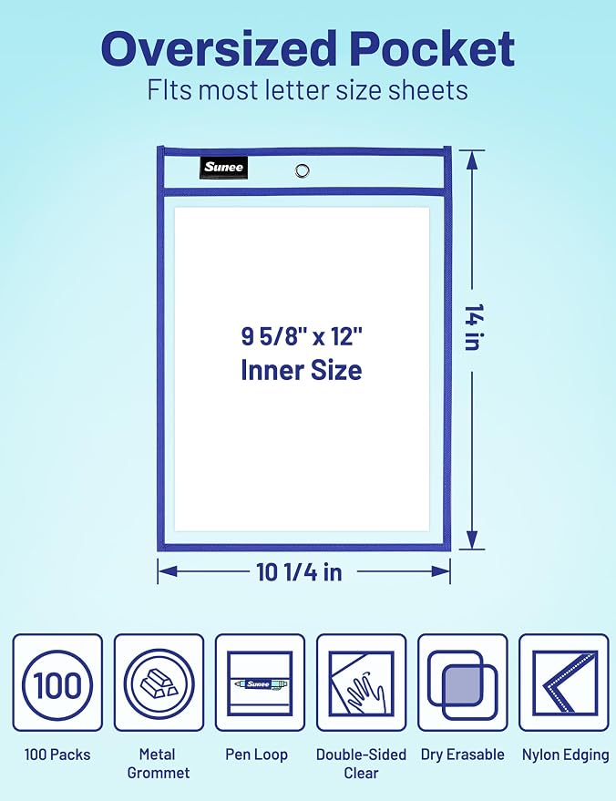 SUNEE 100 Packs Oversized Reusable Dry Erase Pocket Sleeves - Image 2