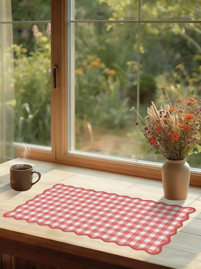 Scalloped‌ Checkered Gingham Desk Mat Cute Red XXL Large Mouse Pad Kawaii - Image 7
