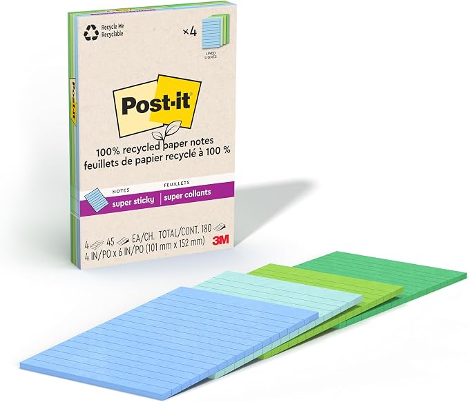 Post-it 100% Recycled Super Sticky Notes, 3 x 3 in, 6 Lined Pads | School by Unknown