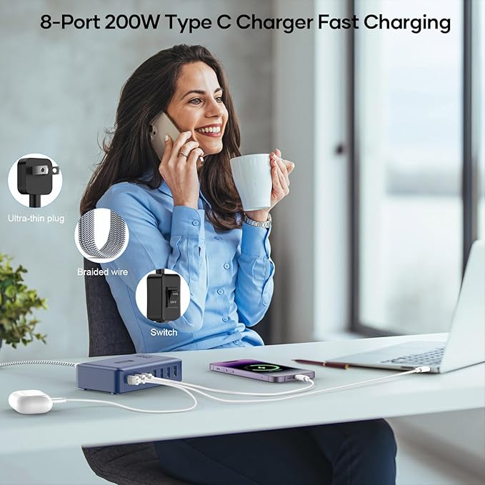 8-Port iPhone Charger Fast Charging 200W with Flat Plug, Braided Power Cord, and On/Off Switch- USB Charging Hub for iPhone, iPad, MacBook and More- 65W C Port Power Adapter for Laptops-DeskLoop Office