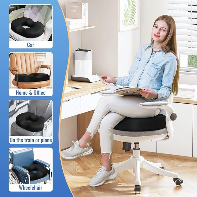 Donut Pillow Seat Cushion Chair Pad for Tailbone Pain Relief and Hemorrhoids, Memory Foam Seat Chair Cushion for Postpartum Pregnancy, Seat Cushions for Men and Women for Home & Office, (Black)-DeskLoop Office