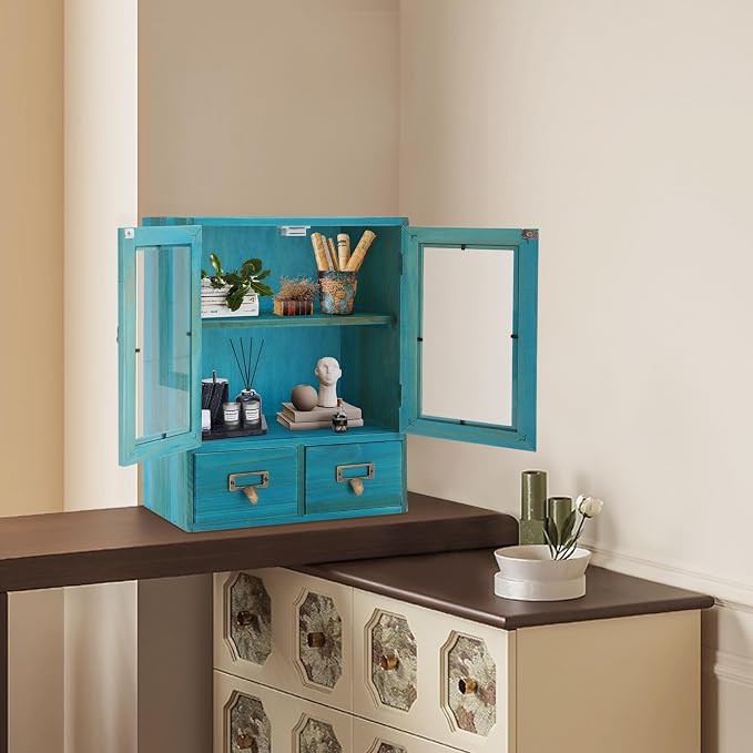 Rustic Vintage Mini Pine Counter Top Cabinet, Wooden Desktop Storage Cabinet - Image 2
