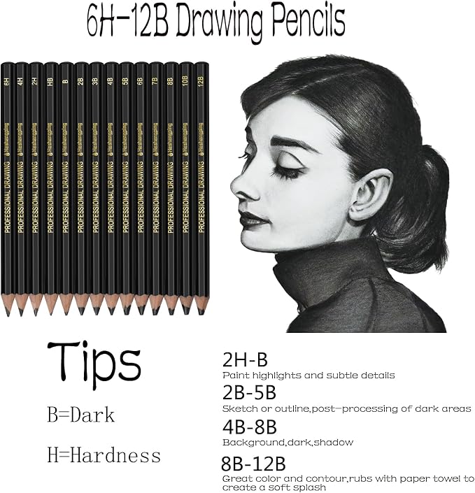 Heshengping Drawing Sketch Pencil Set 14pcs Sketching Pencils 12B 10B 8B 7B 6B - Image 4