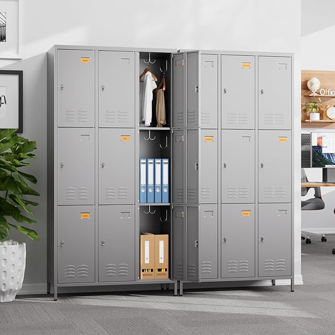 9 Doors Metal Locker with 27 Hooks and Business Card Holder,Metal Lockers for Employees with Ventilation Holes for School Office Gym Garage,Assembly Required,Dark Grey-DeskLoop Office