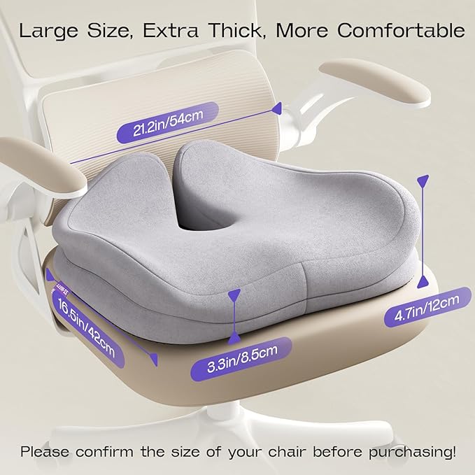 Seat Cushions for Office Chairs - Patented Extra Large Seat Cushion 21.2" W x 16.5" L - Memory Foam Seat Cushion for Tailbone Pain Relief, Sitting Pressure Relief (Light Grey)-DeskLoop Office