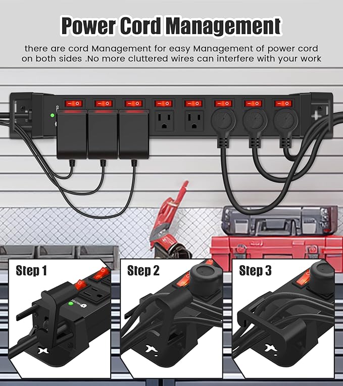 Heavy Duty Power Strip with Individual Switches,8 Outlets 14 Gauge Industrial Shop Garage Metal Multiple Outlets,1200J Surge Protector Mountable Power Strip,6FT Extension Cord Management(Black)-DeskLoop Office