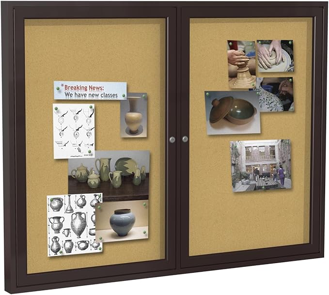 Ghent 36"x60" 2-Door indoor Enclosed Bulletin Board , Shatter Resistant, with Lock, Bronze Aluminum Frame - Natural Cork (PB23660K) Made in the USA-DeskLoop Office