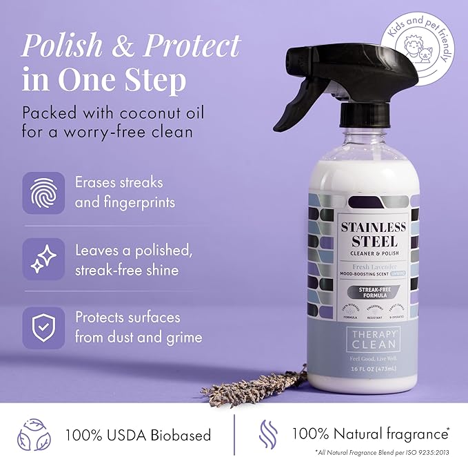 Therapy Stainless Steel Cleaner and Polish 100% USDA Biobased, Fingerprint and Residue Remover, Lavender Essential Oil Scent, Sink Cleaner, Grill Spray-DeskLoop Office