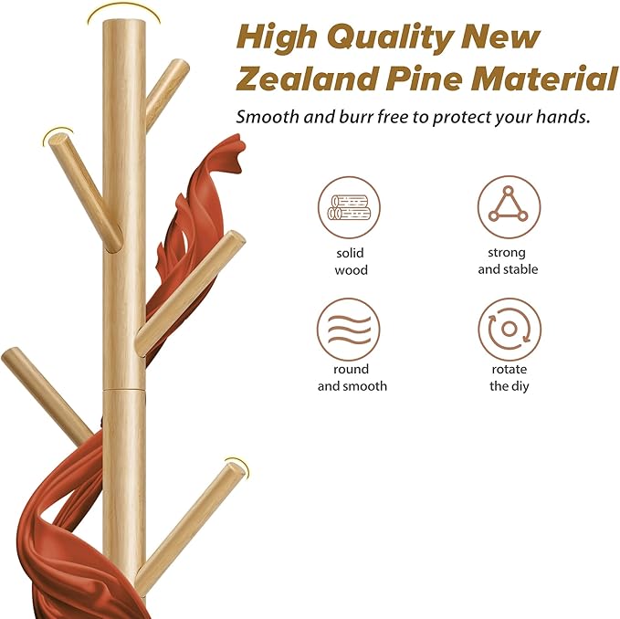 Wooden Coat Rack, Free Standing Coat Rack with 8 Hooks 3 Adjustable Heights for Clothes, Hats, Handbags, Coat Tree Easy Assembly for Entryway, Bedroom, Hallway, Office(2PCS)-DeskLoop Office