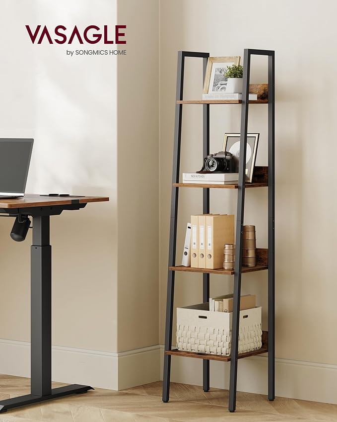 VASAGLE Bookshelf, 4-Tier Narrow Book Shelf, 11.8 x 13.3 x 55.1 Inches, Ladder Shelf for Home Office, Living Room, Bedroom, Kitchen, Rustic Brown and Ink Black ULLS108B01-DeskLoop Office