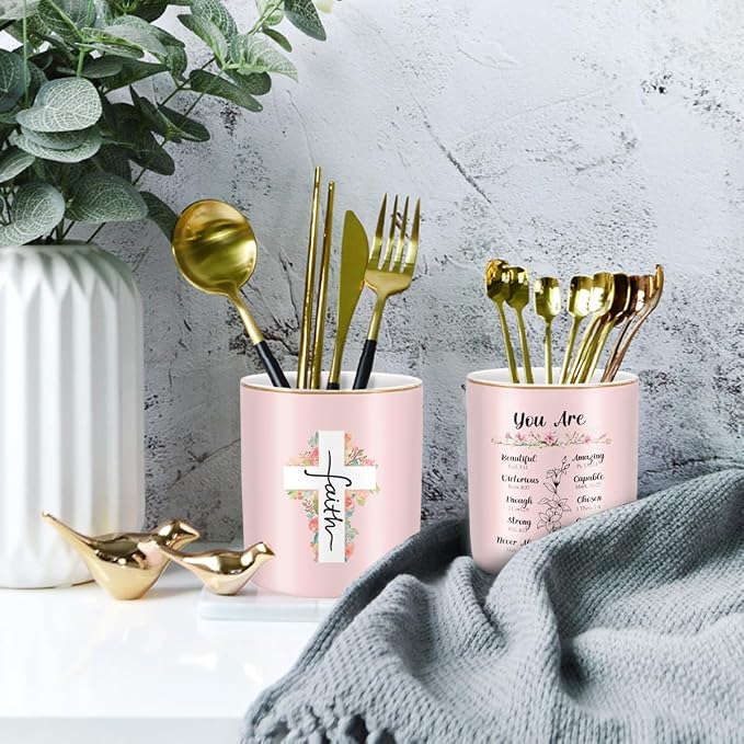 Ceramic Pen Holder for Desk Cute, Pencil Holder Cup, Makeup Brush Holder Pink - Image 5
