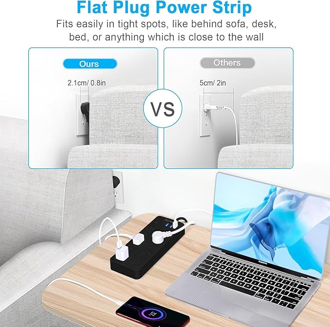15 FT Power Strips with Surge Protection 1625W/13A,10 Outlets with 4 USB Ports (1 USB C) Long Extension Cord with Multiple Outlets 14-in-1 1700J 16Awg Flat Plug Power Strip Protector Black, ETL Listed-DeskLoop Office