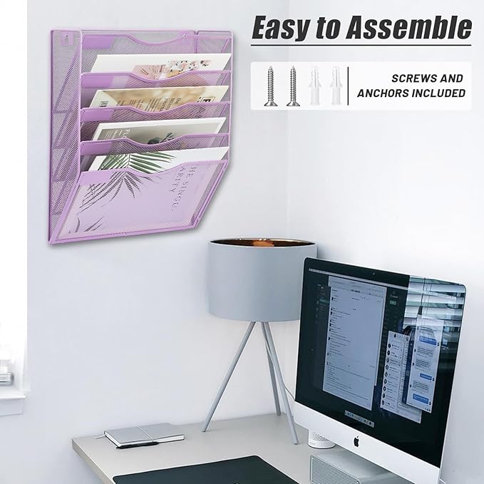 EASEPRES 5 Pocket Mesh Hanging Wall File Organizer, Wall Mounted Mail Paper Document Folder Holder, Clipboard Storage Organization Magazine Rack with Nametag Label for Office Home School, Light Purple-DeskLoop Office