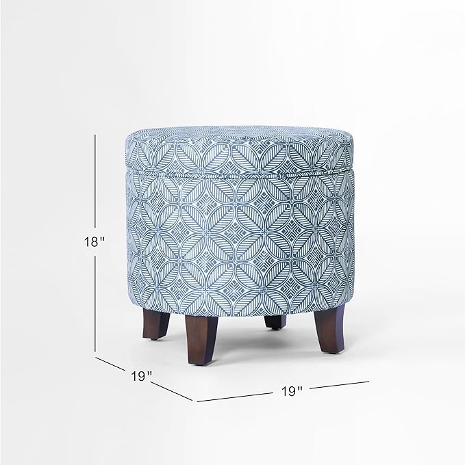 HomePop Upholstered Round Storage Ottoman|Homepop Home Décor|Upholstered Round Foot Rest Ottoman -Blue Indigo Print-DeskLoop Office