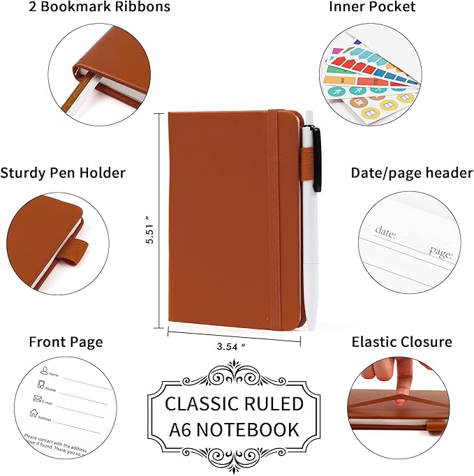 feela 15 Pack Pocket Small Notebooks Bulk, Mini Cute Notepads Hardcover College Ruled Lined Journals with Pen Holder for School Business Memos, with 15 Black Pens, 3.5”x 5.5”, A6, Brown-DeskLoop Office
