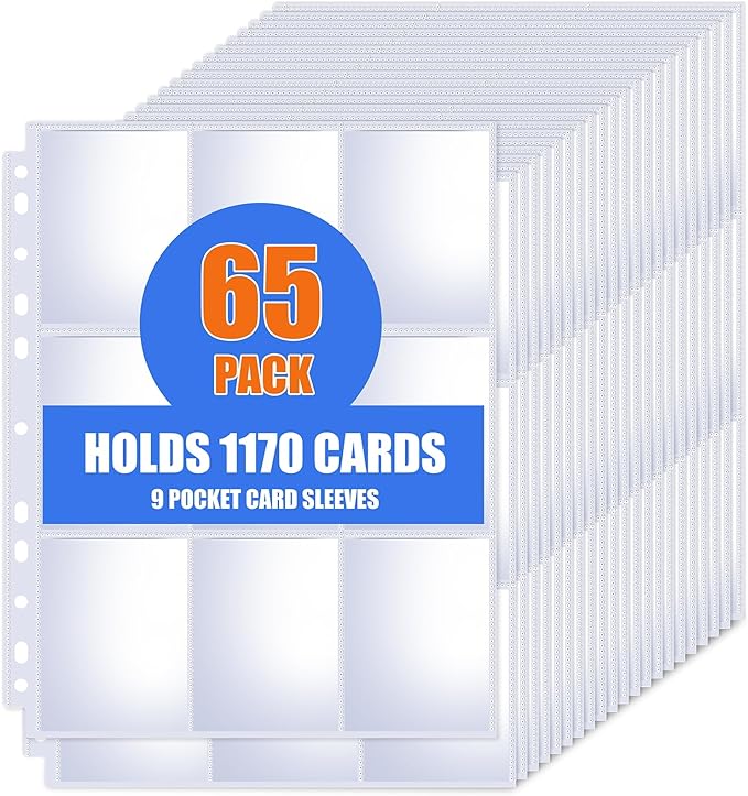 65 Pack 9 Pocket Card Sleeves Binder Sheets, Trading Card Sleeves by KKEETUR