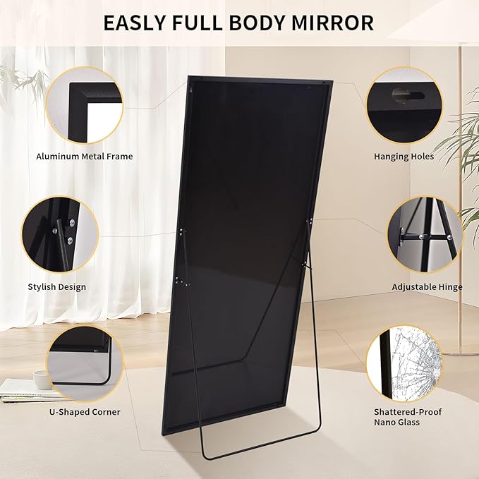 Full Length Mirror 64"x21" Black, Rectangle Wall-Mounted or Standing Full Body Mirror for Bedroom, Living Room, Dressing Floor Mirror-DeskLoop Office
