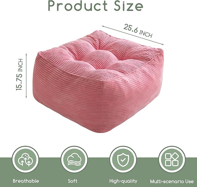 HIGOGOGO Square Stuffed Pouf Ottoman, Corduroy Poufs with Foam Chunk Filling, Furry and Fluffy Pouf Foot Stool Storage Ottoman, 25.6 X 25.6 Floor Poufs Foot Rest for Living Room, Pink-DeskLoop Office
