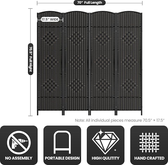 Cocosica 4 Panel Room Divider, 6Ft Folding Privacy Screen, Tall - Image 3