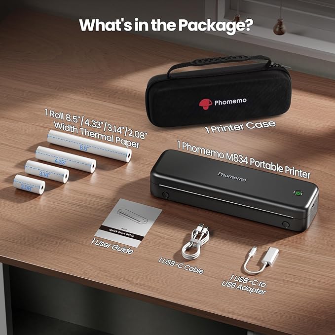 Phomemo Portable Printers Wireless for Travel Upgraded, M834 Bluetooth Thermal Printer 8.5" x 11"& A4 Size,Inkless Mobile Printer with Carry Case for Travel,Office,School,Car,Home,Black-DeskLoop Office