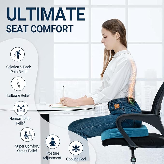 Gel Seat Cushion for Car Office - Memory Foam Pain Relief Chair Pillow Cushions - Tailbone Sciatica Coccyx Butt Lumbar Support Pad for Sitting Driving Traveling, Velvet, Blue-DeskLoop Office