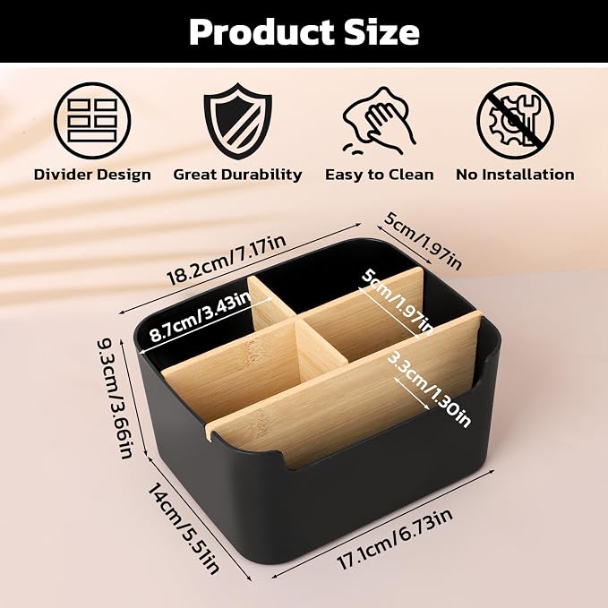 Segarty Black Desktop Organizer, Detachable Bamboo Remote Control Holder - Image 2