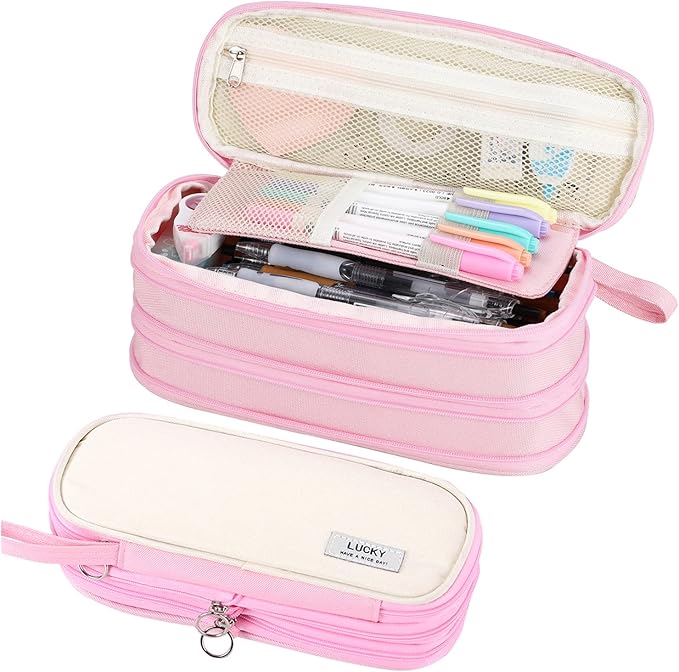Big Pencil Case Zipper Pencil Pouch Organizer Large Capacity Pen Bag with Handle Portable for Girls Kids Adults Gift Pen Case for School Home Office Light-pink-DeskLoop Office
