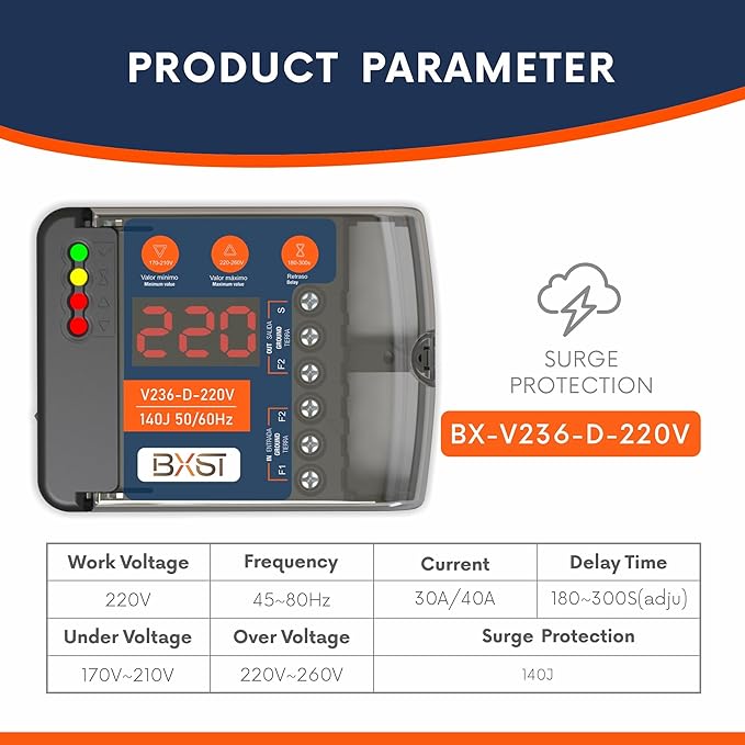 BXST Heavy Duty Wiring Surge Protector with LED Display Adjustable Voltage & Delay Protection, 220V, 30A, 6600W Max, 140J Surge Protection for Refrigerators, Air Conditioning, Motors, Pumps-DeskLoop Office