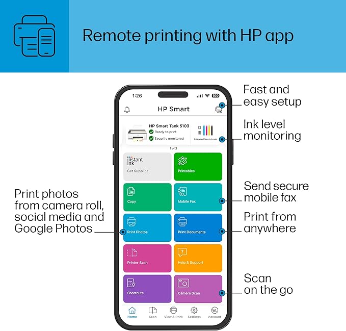 HP Smart Tank 5103 Wireless All-in-One Refillable Ink Tank Printer, Scanner, Copier with 2 Years of Ink and 100 Sheets of Photo Paper Included, Best for Home (5D1B2A)-DeskLoop Office