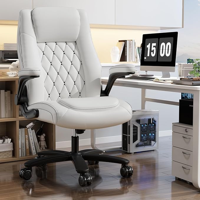 GYI O205P High Back Executive Office Chair, Big and Tall Office Chair 400LBS with Rubber Wheels,Ergonomic Adjustable Computer Desk Chairs with Padded Flip-up Armrests,Lumbar Support (White)-DeskLoop Office