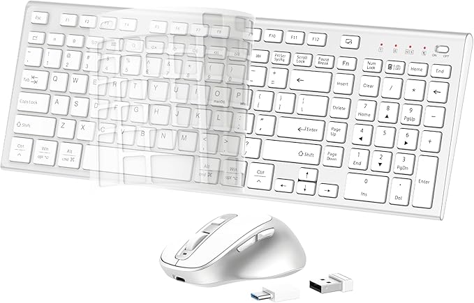 FENIFOX Wireless Keyboard and Mouse, Ergonomic Rechargeable Silent Quiet Slim Compact Full-Size USB C with Number Pad Flat Soft Cover for PC Computer Laptop Mac MacBook iMac TV Windows - Silver White-DeskLoop Office