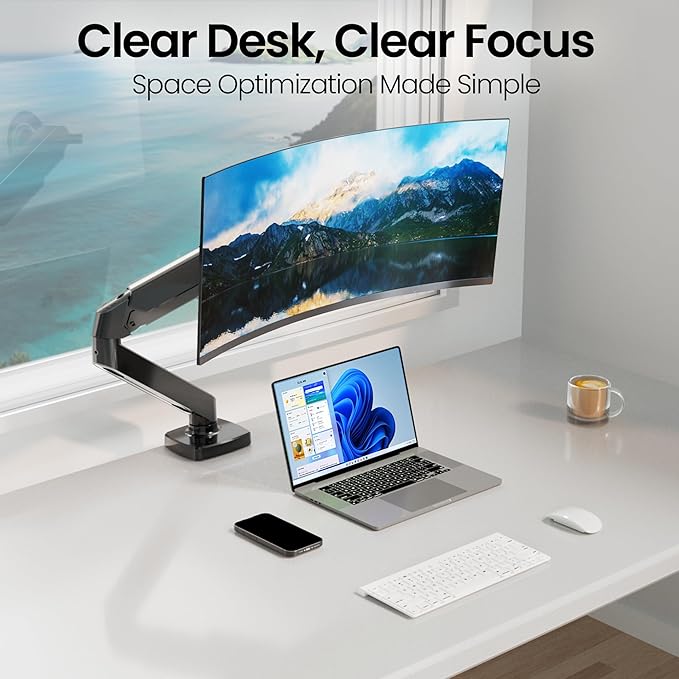 EVEO Premium Single Monitor Arm 14"–34", Adjustable Gas Spring Monitor Mount, Single Arm Desk Mount for 34 Inch Computer Screens, VESA Compatible Stand with Clamp and Grommet Base – Black-DeskLoop Office