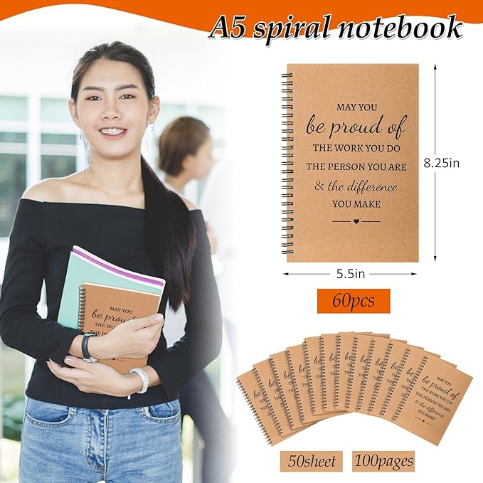 Colarr 60 Pcs A5 Inspirational Spiral Notebook Bulk Appreciation Gift 6x8 Inch Motivational Notepad 100 Page/50sheet Lined College Ruled Journal for Employee Coworker Teacher Nurse (Brown)-DeskLoop Office