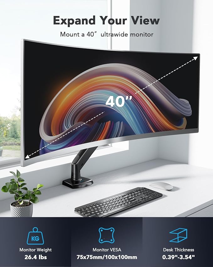 HUANUO Single Monitor Arm for 40 inch Screens, Ultrawide Computer Monitor Mount Holds 26.48 lbs, Upgraded Adjustable Stand with USB, C-Clamp & Grommet Base, VESA 75x75 or 100x100mm-DeskLoop Office