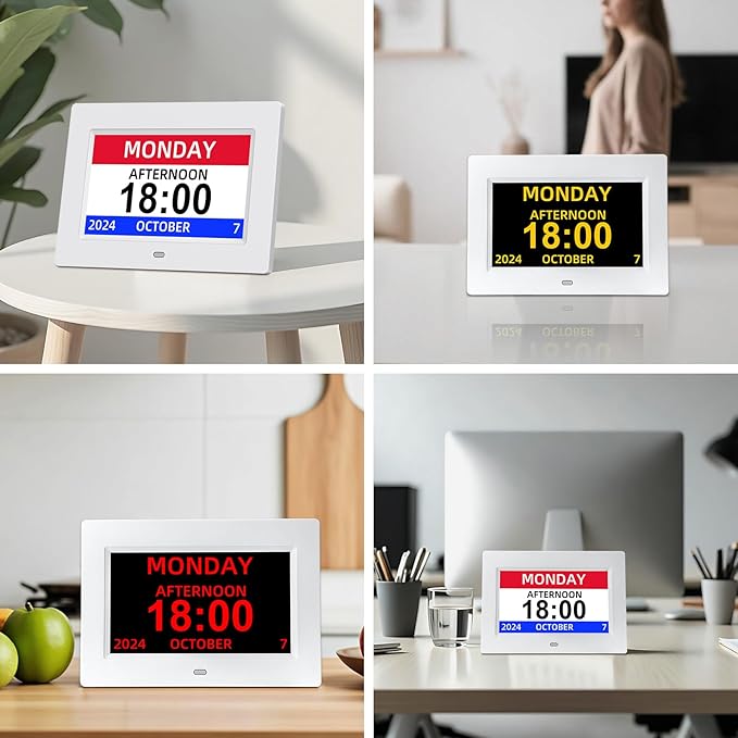 Digital Calendar Alarm Clock for Seniors - 7" Large Display with Day/Date, 12 Custom Alarms & Auto-Dimming | Medication Reminder, Dementia-Friendly Design, Easy Read (White)-DeskLoop Office